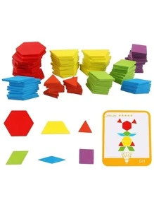 155件木製拼圖塊套裝 - 幾何形狀拼圖玩具,提供嬰兒啟蒙,蒙特梭利益智玩具和24張卡片 - 彩色 - 查看 4