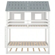 Nestfair Gray/White Twin Over Twin House Bunk Bed With Trundle And Roof