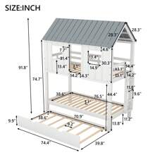 Nestfair Gray/White Twin Over Twin House Bunk Bed With Trundle And Roof