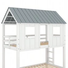 Nestfair Gray/White Twin Over Twin House Bunk Bed With Trundle And Roof
