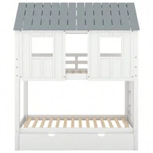 Nestfair Gray/White Twin Over Twin House Bunk Bed With Trundle And Roof