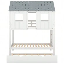 Nestfair Gray/White Twin Over Twin House Bunk Bed With Trundle And Roof