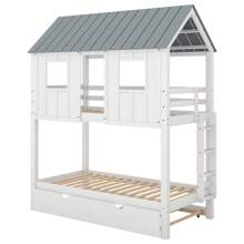 Nestfair Gray/White Twin Over Twin House Bunk Bed With Trundle And Roof