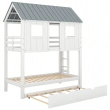 Nestfair Gray/White Twin Over Twin House Bunk Bed With Trundle And Roof