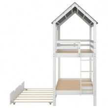 Nestfair Gray/White Twin Over Twin House Bunk Bed With Trundle And Roof