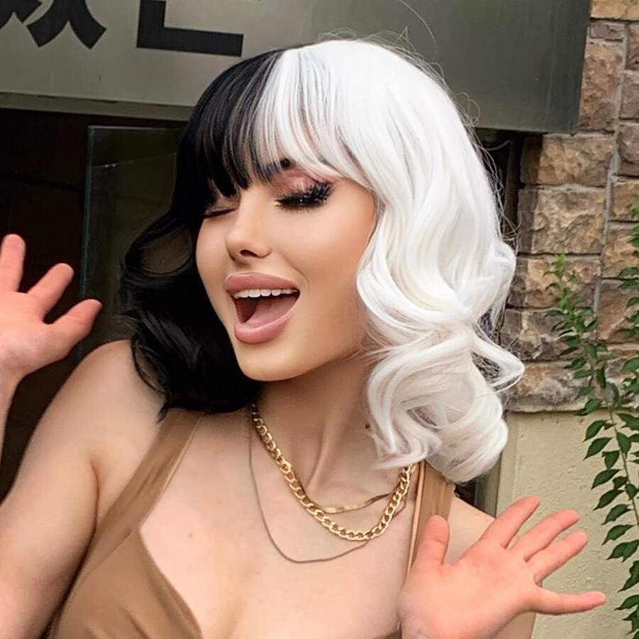 Cruella黑白色波浪中長發,12 吋帶瀏海,適用於cosplay、萬聖節派對、日常穿著 - 拼色 - 查看 1