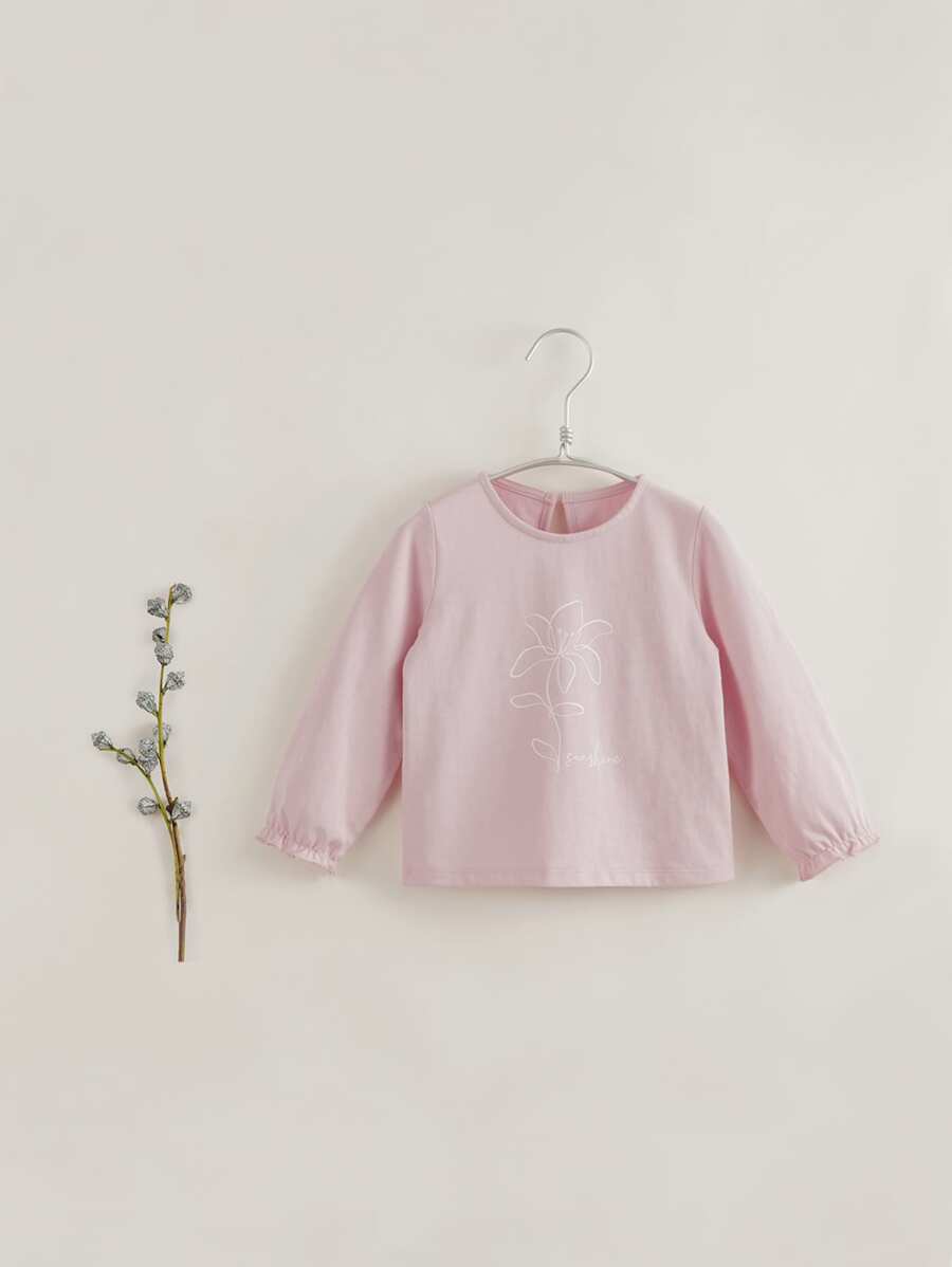 Young Girls' Cute Plant Printed Flounce Sleeve Long Sleeve Round Neck T-shirt For Autumn