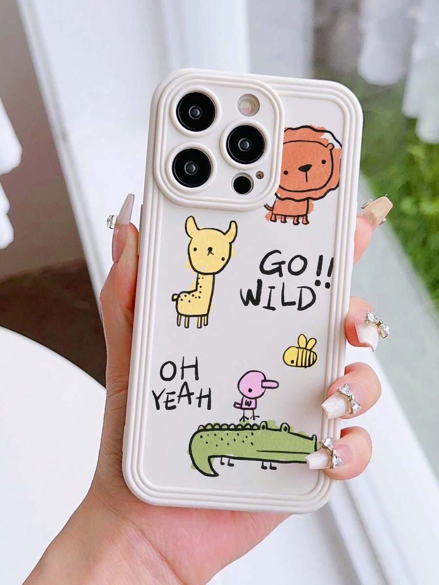 1pc White Cartoon Animal Painted Phone Case Compatible With Apple Iphone - Multicolor - View 1