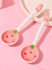 1 件心形长柄陶瓷勺，适合家庭用作汤勺、饭勺、甜点勺圣诞礼物 - 粉色 - 查看 4