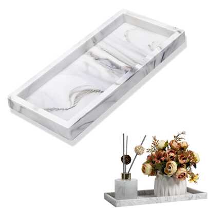 Oisseuoc 1 Pack Silikon Badezimmer Schminktisch Tablett Rechteck Seifen- Und Schwammhalter Küchenspüle Organizer Für Schrubber, Lotion Flaschen, Parfüm, Schmuck, Kerze, Schlüssel, Schatulle Ring - Marmor Weiß, Geschenk Für Valentinstag