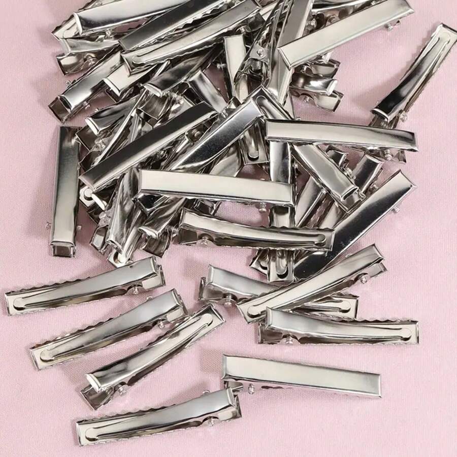 50pcs Girls' Silver Metal Diy Alligator Hair Clips, Suitable For Daily Use - Silver - View 1
