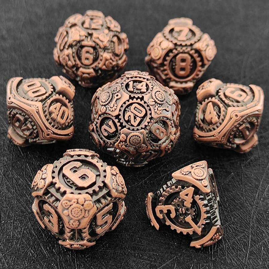7pcs Gold Solid Metal Dice Set With Ancient Copper Finish Suitable For Everyday Gameplay - Bronze - View 1