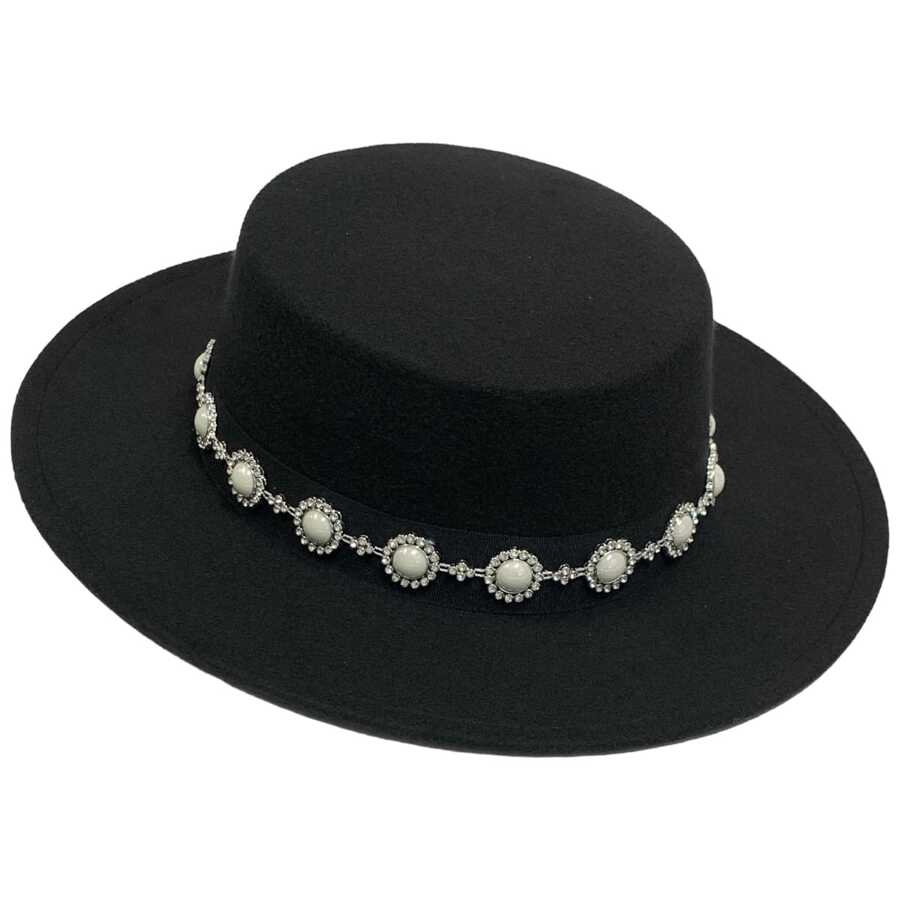 Chapéu paris feltro flor prata com pérola e strass - Preto - Visão 1