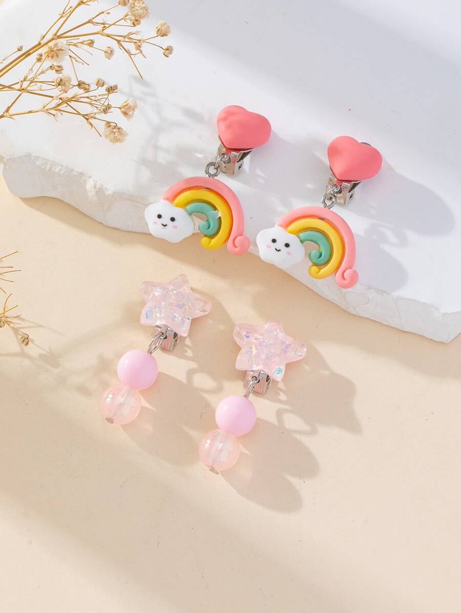 2對可愛的彩虹/星星粉色樹脂夾子,適用於女孩日常穿搭