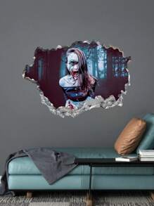 1pc Halloween Horror Sticker 3d Broken Window Wall & Floor Sticker - female ghost - View 2
