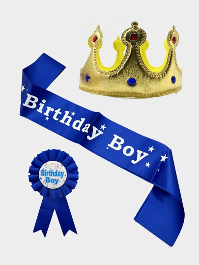 1 Birthday King Crown Hat, 1 Metal Chest Badge, 1 Birthday Boy/Girl Sash, Children's Birthday Party Supplies