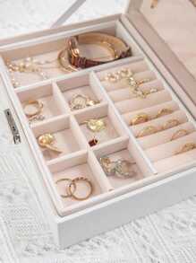 1pc Simple Double Layer Velvet Jewelry Storage Box Desktop Large Capacity Dust-Proof Earring / Necklace / Bracelet & Other Accessories Organizer Valentine Day Back To School,Room Decor - Black - View 3
