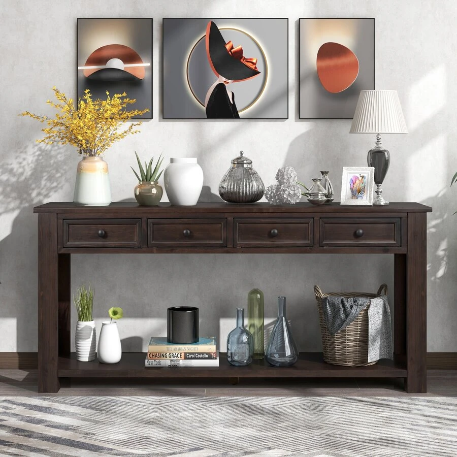 Nestfair Console Table with Bottom Shelf and 4-Drawer