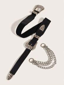 街头西部风格镂空双扣弹力腰带，带流苏细节，完美的腰带配饰，万圣节夏季、学校秋季、秋季、万圣节 - 黑色 - 查看 4