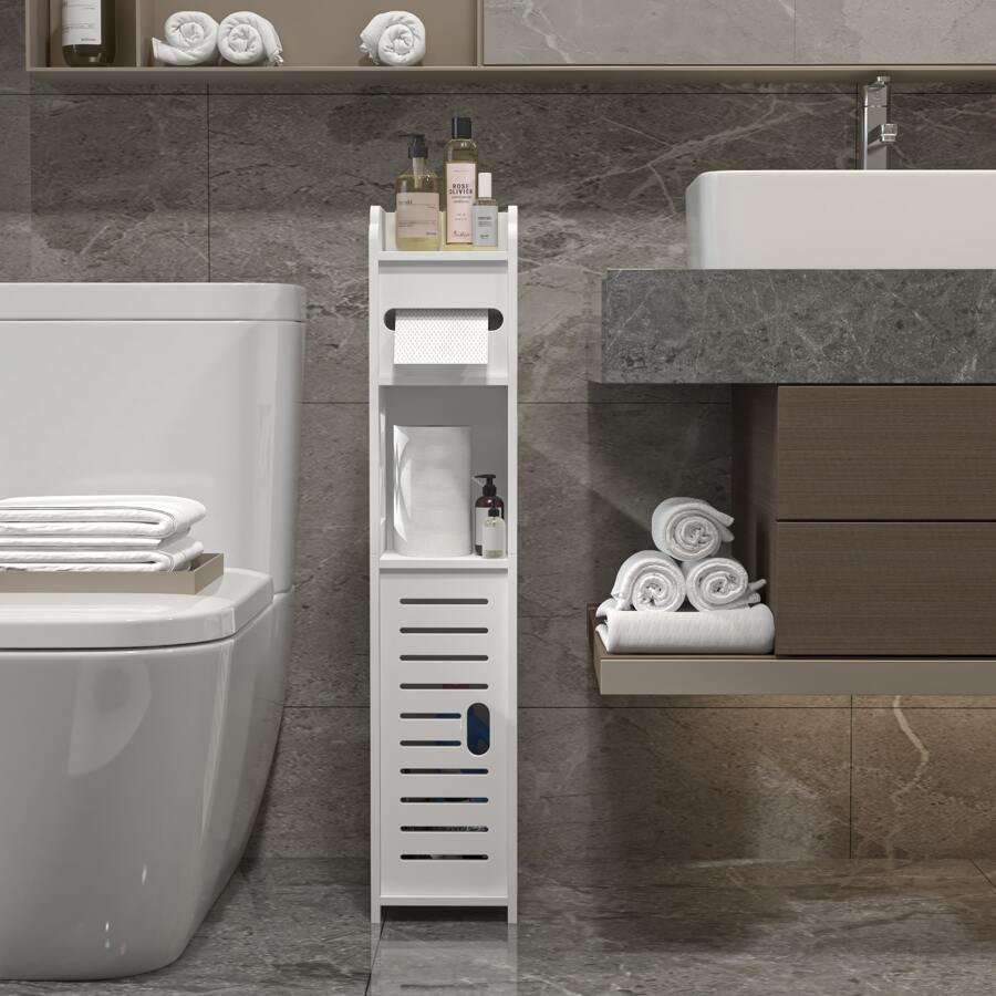 Floor-standing Bathroom/living Room Storage Rack & Side Cabinet - White - View 1