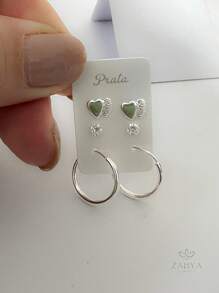 Kit Trio de Brincos de Prata 925 Delicados Argola 15mm Ponto de Luz e Coração Duplo - Prata - Visão 1