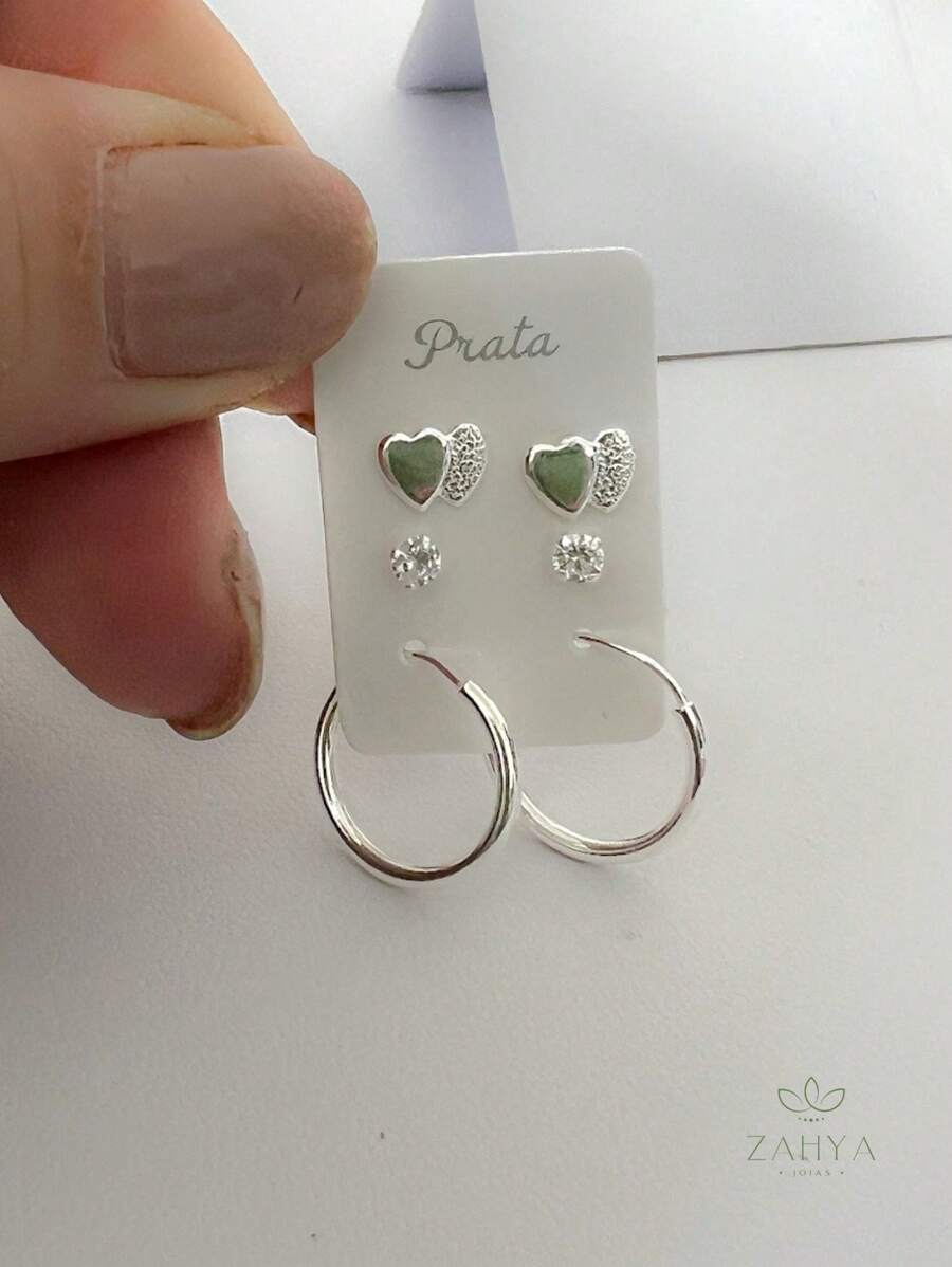 Kit Trio de Brincos de Prata 925 Delicados Argola 15mm Ponto de Luz e Coração Duplo - Prata - Visão 1