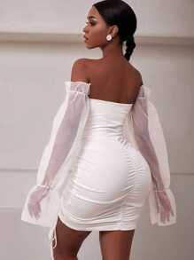 Vestido strapless con cintillas ajustable mangas estilo mesh - Blanco - Ver 2