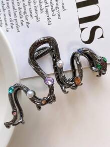 Snake Shaped Rhinestone Hair Clip For Women, Creative Design - Black - View 2