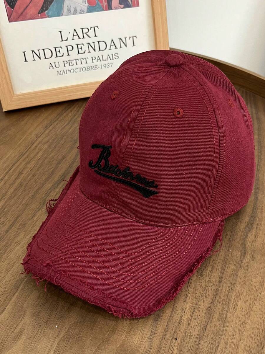 1 Pieza Gorra De Béisbol Casual De Borde Deshilachado Color Granate Para Mujer Con Letra Impresa - Burdeos - Ver 1