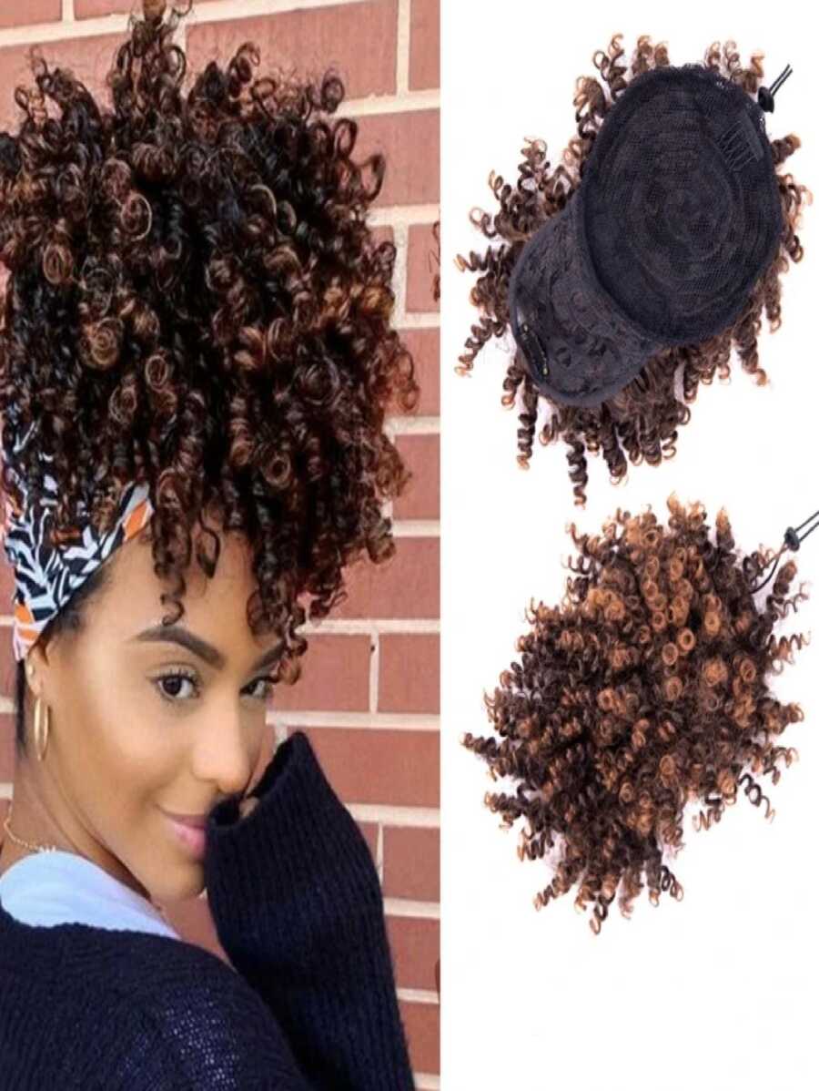 Aplique Fibra Orgânico Cacheado Afro Puff Com Franja Ombre Chocolate - Chocolate - Visão 1