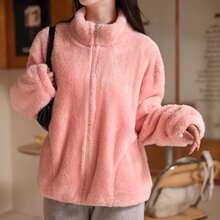1 Miếng Màu hồng Đơn giản Màu thuần Ấm áp Dày 	
Fuzzy Đồ ngủ áo , Thích hợp Đối với Mùa thu Và Mùa Đông - Hồng - Xem 2