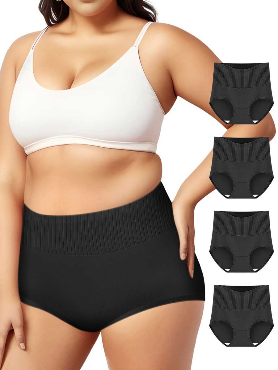 MEIYATING Paquete de 4 piezas de bragas de control de abdomen de talla grande para mujer, de cintura alta, suaves y transpirables, de unicolor