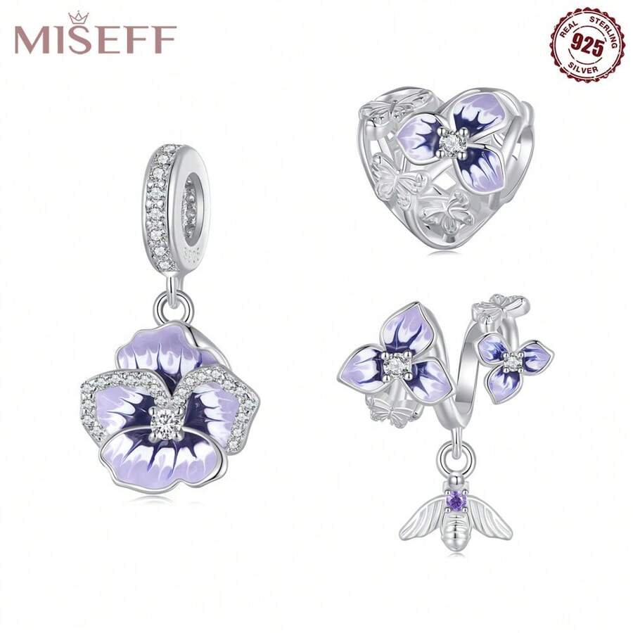 MISEFF 2023 新款 1入組 925 純銀植物三色堇吊飾原創DIY串珠手鍊項鍊生日禮物時尚珠飾品 - 銀色 - 查看 1