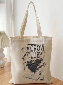 The Club品牌帆布單肩包撲克牌手提包女款手提包,美學校園購物收納布袋可重複使用 - 米色 - 查看 3