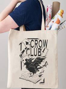 The Club品牌帆布單肩包撲克牌手提包女款手提包,美學校園購物收納布袋可重複使用 - 米色 - 查看 1