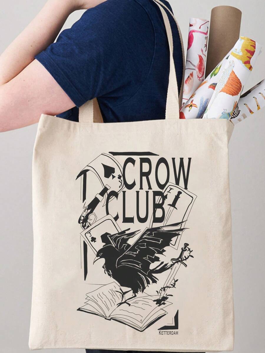 The Club品牌帆布單肩包撲克牌手提包女款手提包,美學校園購物收納布袋可重複使用 - 米色 - 查看 1