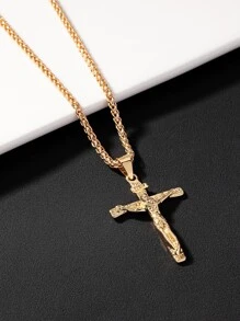 Newest Men's Twisted Rope Chain Cross Pendant Metallic Texture Necklace - Yellow Gold - View 3