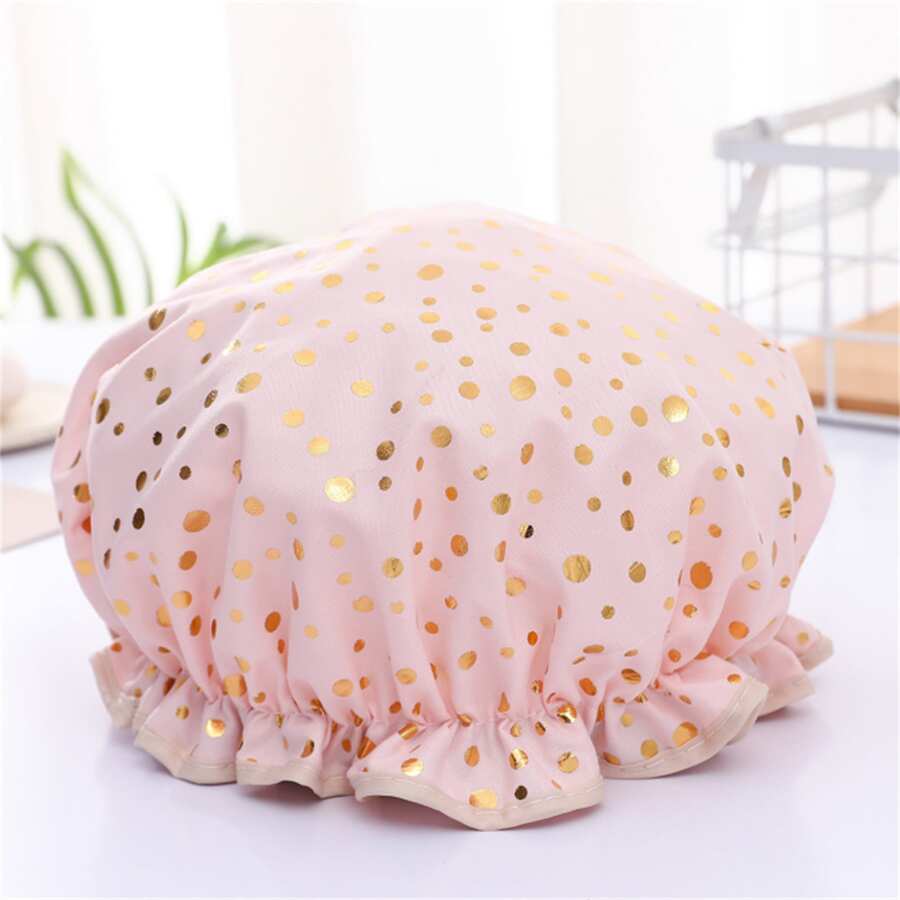 1 Miếng Hai lớp Mũ tắm , Không thấm nước Tóc Mũ lưỡi trai , Mạ vàng In PEVA Mũ tắm , Gương sen Đối với phụ nữ - Hồng - Xem 1