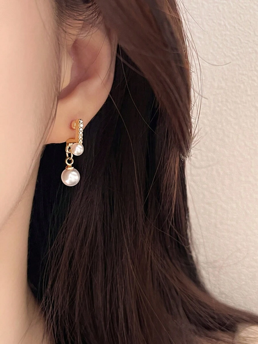 1 Par Pendientes De Tuerca Decorados Con Perlas Y Pedrería - Amarillo Oro - Ver 1
