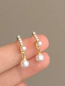 1 Par Pendientes De Tuerca Decorados Con Perlas Y Pedrería - Amarillo Oro - Ver 2