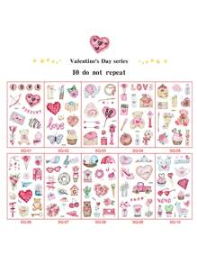 10張/包情人節主題閃粉紋身貼紙,卡通彩色活動臨時紋身貼紙,適用於活動、禮物、派對和節日