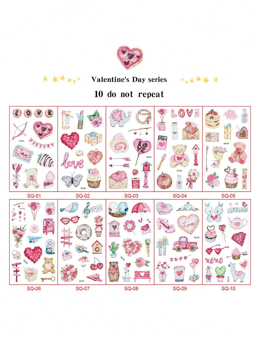 10張/包情人節主題閃粉紋身貼紙,卡通彩色活動臨時紋身貼紙,適用於活動、禮物、派對和節日