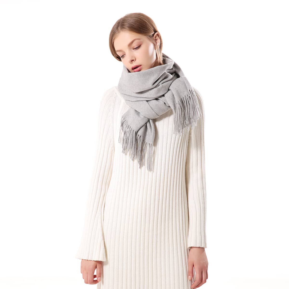 新款時尚純色大尺寸羊毛圍巾女士保暖披肩,適用於秋冬季節 - 淺灰色 - 查看 1