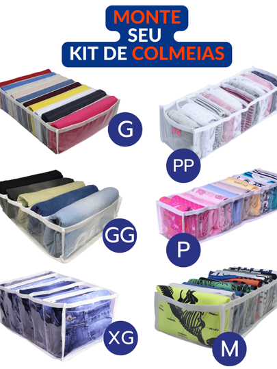 MONTE SEU KIT Colmeia Organizadora de Gaveta, Cômoda, Guarda Roupa, Armário Organizadores Transparente com Viés Branco e Divisórias para Calcinha, Cueca, Meias, Gravatas, Camiseta, Blusa, Roupa Infantil Bermuda Jeans, Calça Jeans, Moletom, Conjuntos Adultos Infantis Juvenil