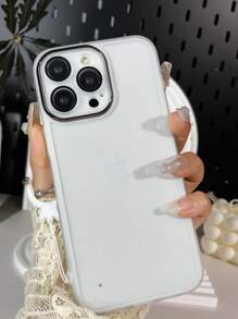 1pc White Electroplated Lens Frame Matte Solid Color Tpu Protective Case With Shock Absorption And Finger Ring Strap Compatible With iPhone 15/15Pro