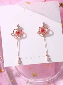 方晶锆石装饰心形吊坠耳环 情人节、妈妈、母亲、母亲节、礼物 - 彩色 - 查看 2