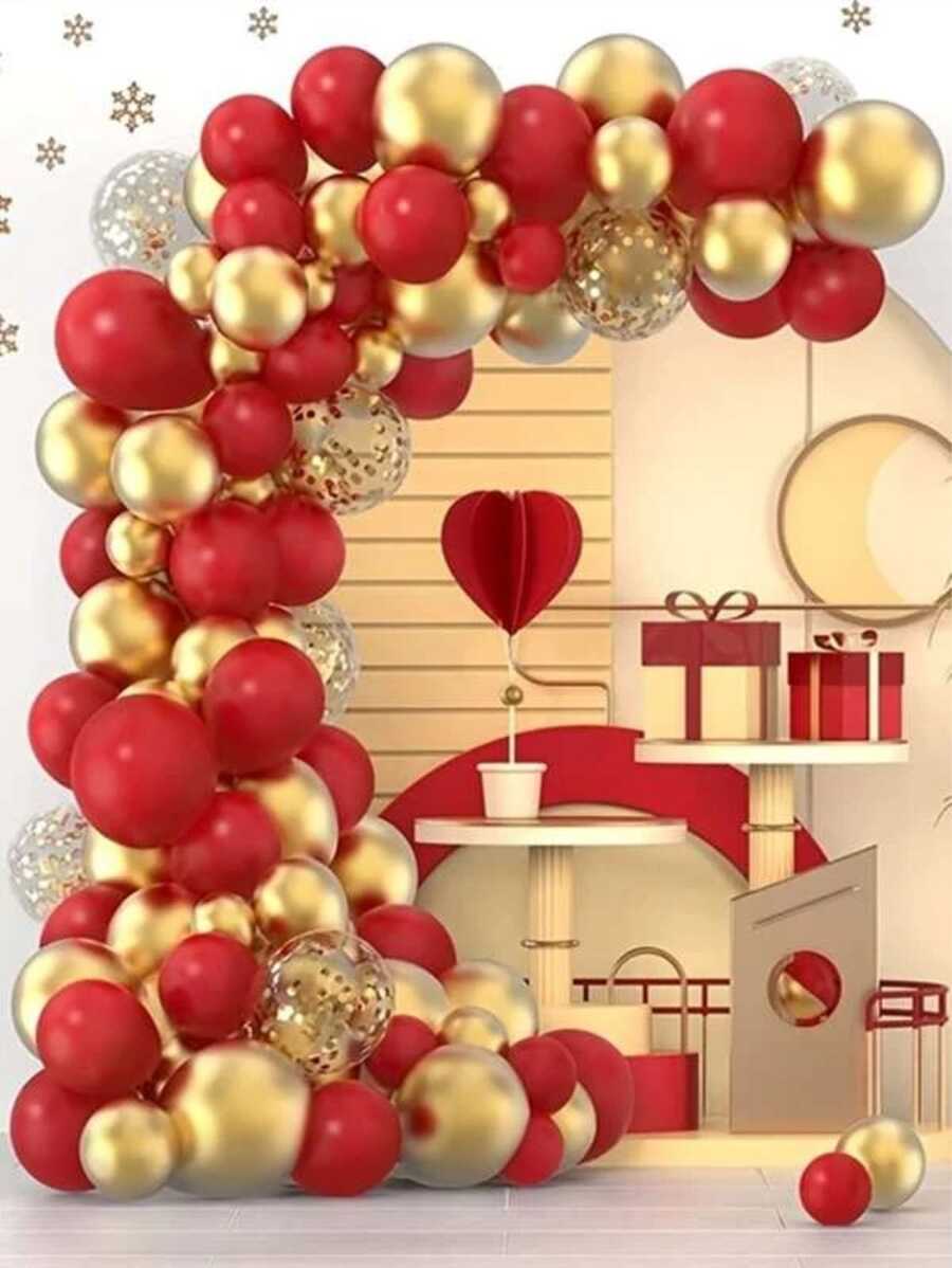Kit Arco Romantico 177 Balões + Fita5mts + Bomba Manual - Vermelho Dourado e Cristal - Multicolorido - Visão 1
