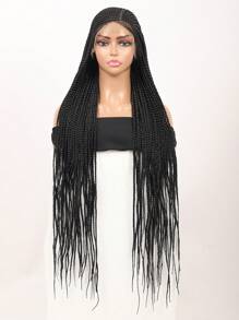 36英寸全綁繩花鬆緊發編前綁蕾絲假髮,黑色合成自然側分辮狀髮型假髮【黑色】 - 黑色 - 查看 5