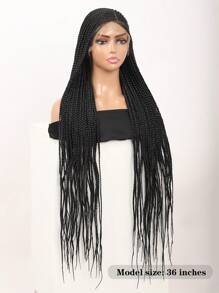 36英寸全綁繩花鬆緊發編前綁蕾絲假髮,黑色合成自然側分辮狀髮型假髮【黑色】 - 黑色 - 查看 3