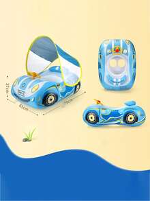 New Inflatable Car Seat Swimming Ring, Racing Style With Sun Shading Canopy And Horn, 1pc - Blue - View 2